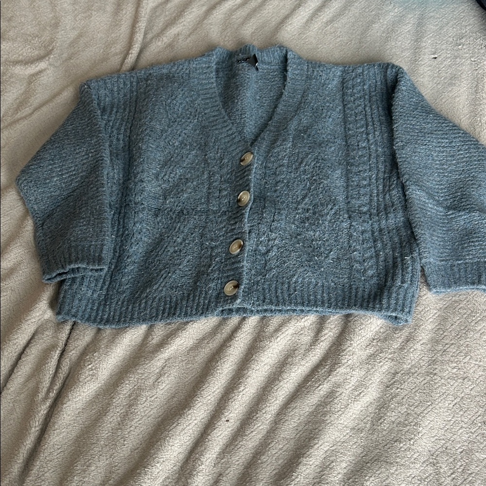 Tribal Light Blue Cropped Button-Front V-Neck Cardigan